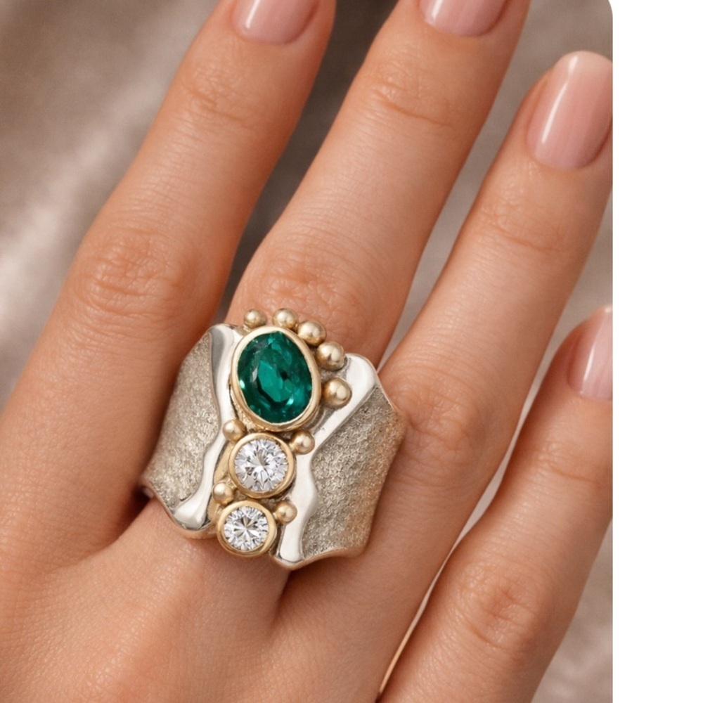 NEW SWAROWSKY Green and GolD STATEMENT RING YURMAN STYLE SILVER SZ 8